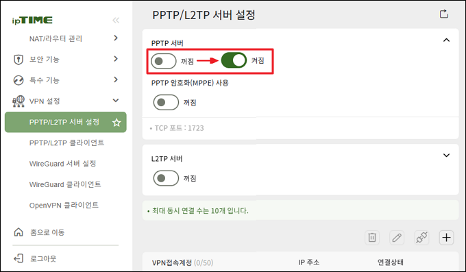 PPTP 서버 켜짐